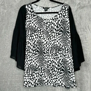 Robert Louis 1X Shirt Top Black White Polka Dot Flared 3/4 Sleeve Round Neck